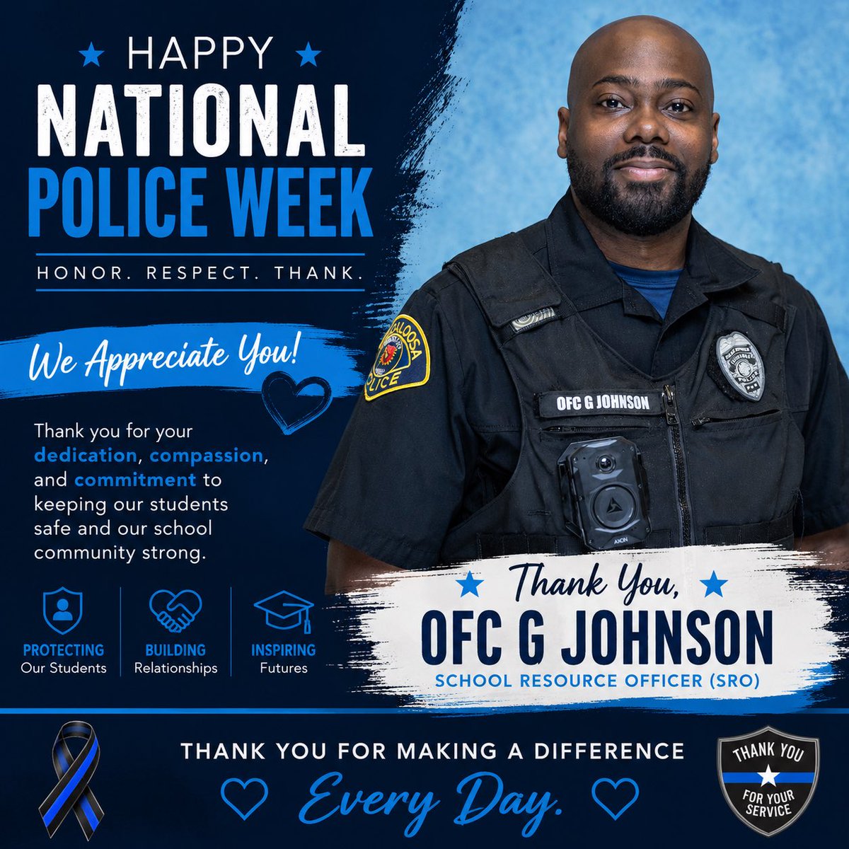 STARS_TCS's tweet photo. Happy National Police Week to our SRO, Officer Johnson! 💙

Thank you for protecting, guiding, and supporting our students each day. Your presence makes a difference in our school community, and we appreciate all you do for TCS Children’s Center &amp; STARS Academy. https://t.co/uoZRrtXPi2