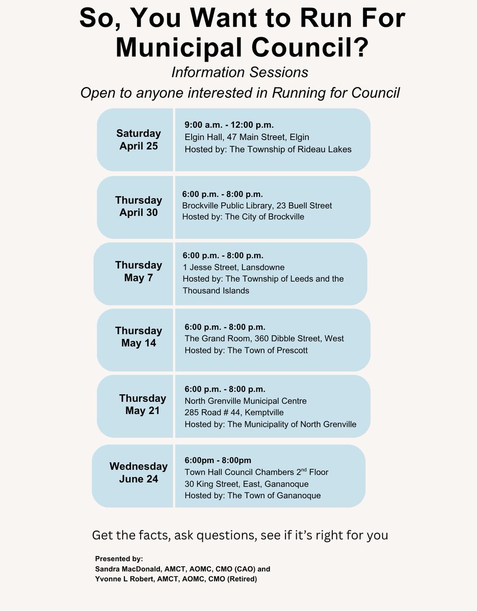 TownofPrescott's tweet photo. Are you considering running for municipal Council?📣

Join us on Thursday, May 14, from 6-8 p.m. in the Grand Room at Town Hall for an information session. Open to anyone interested in running for Council. 

Hear directly from municipal professionals about the role of Council. https://t.co/0BIJpjiqgh