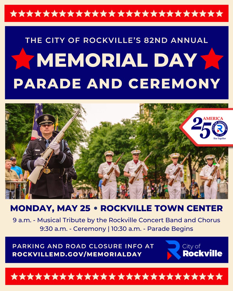 Rockville411's tweet photo. 🇺🇸 Join us tomorrow, May 25 for Rockville's 82nd annual Memorial Day Ceremony and Parade! The event begins at 9 a.m. in The Square in Rockville Town Center, with the parade starting at 10:30 a.m. Find parking and road closure information at https://t.co/du9rLandK9. https://t.co/pw4VBqMZB3