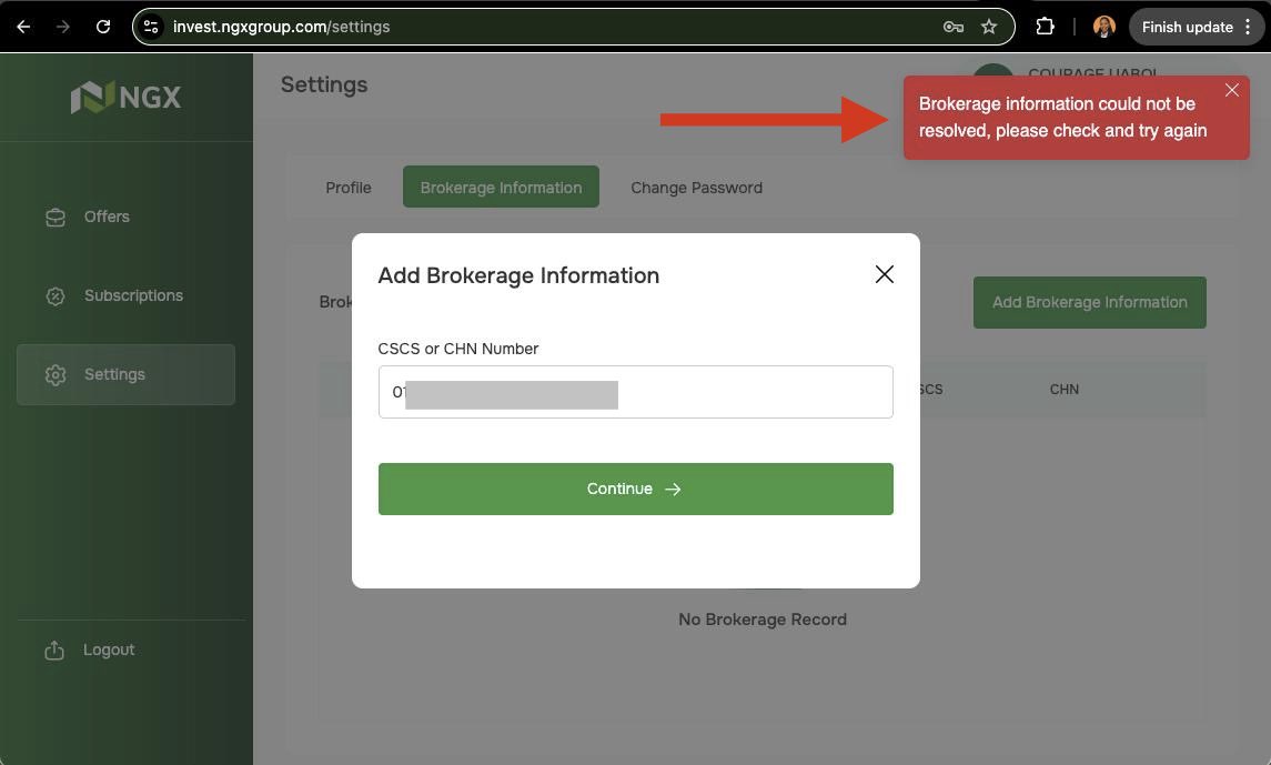 CourageAutomate's tweet photo. @Epistemophile26 @ngxgrp I thought it was just me. The platform is so inconsistent. I have tried to link different CSCS numbers from two different brokerages and I get same error message. So the error is definitely not from the brokers but @ngxgrp  It’s so sad that no one responds! https://t.co/ftysTSamta