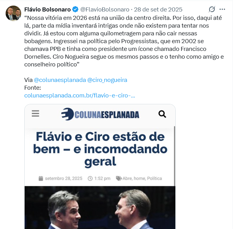 Ciro Nogueira não é apenas aliado político dos Bolsonaros. 

Do Pai, ele foi o ministro chefe da casa civil. Do Flávio Bolsonaro ele é amigo e conselheiro político(Segundo  o próprio Flávio.

Os prints são eternos e não me deixam mentir.

CIRO NOGUEIRA É BOLSONARO