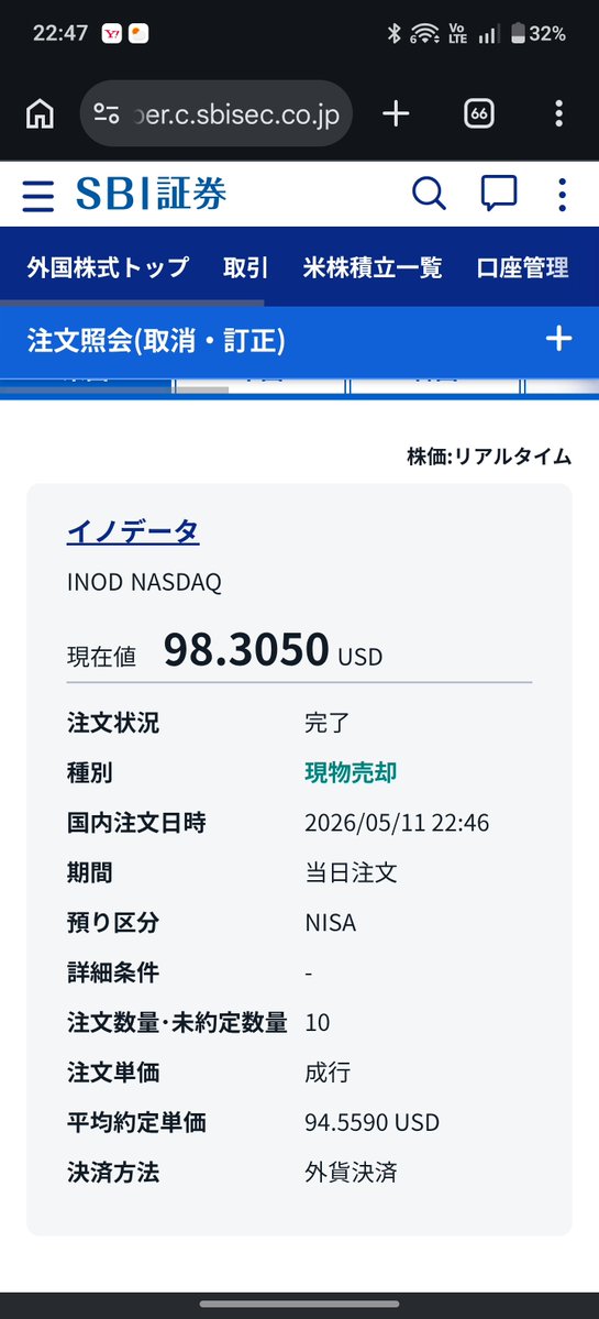 イノデータ欲張らずに売りました 取得単価48ドルだったのでほぼ