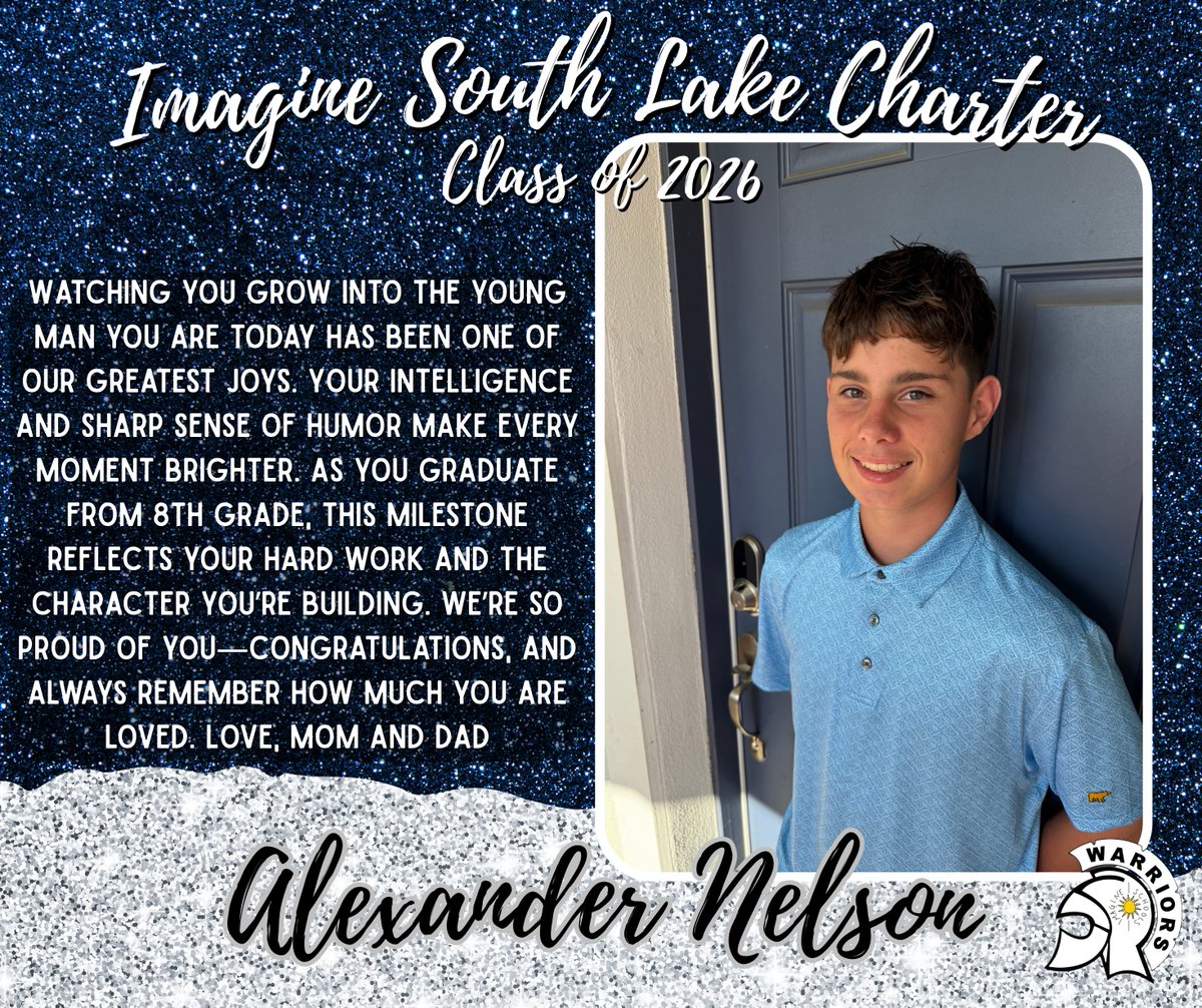 ImagineSLSchool's tweet photo. Our next #8thGradeTribute is for Alexander Nelson. We are so proud of you, Alex! https://t.co/ANyhZxx0pO
