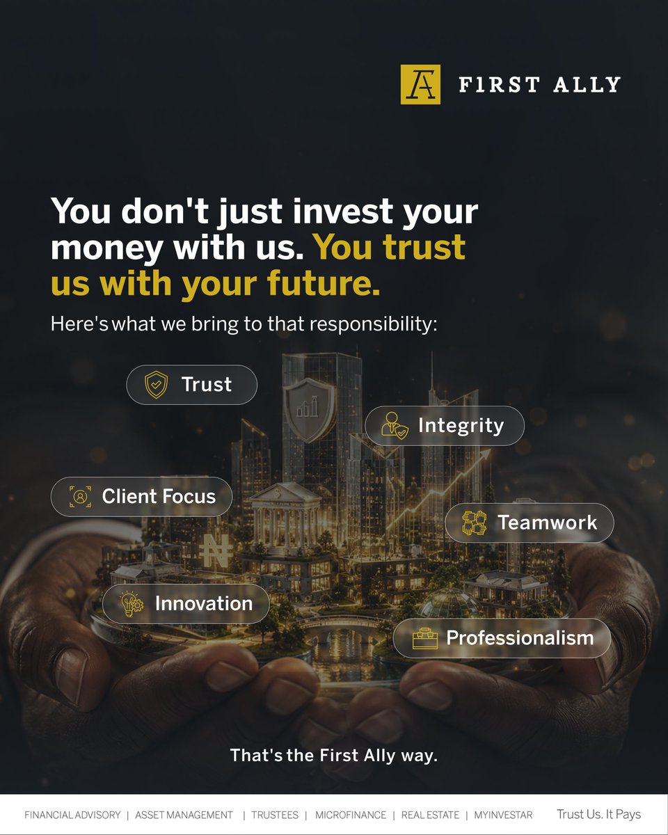 First_Ally's tweet photo. Choosing where to invest your money is personal. That’s why at First Ally, we lead with values, not just numbers.

Trust. Integrity. Client Focus. Teamwork. Innovation. Professionalism.

This is not just how we work, it’s who we are. That’s the First Ally way!

#FAAM #corevalues https://t.co/lYEkEVG5g2