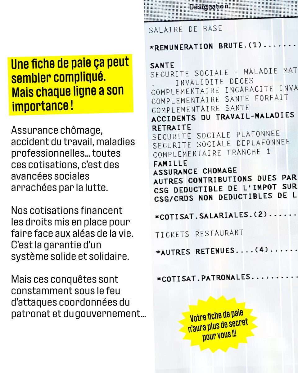 lacgtcommunique's tweet photo. Une fiche de paie ? Compliqué ?
Pas tant que ça : on vous explique ⤵️

Tout augmente, sauf les salaires. Le Smic ne permet pas de vivre de son travail et des millions de salarié·es sont bloqués à ce niveau de salaire, voire en dessous avec les temps partiels subis. De plus en plus de personnes sont obligées de renoncer à des besoins essentiels : déplacements, logement, alimentation, loisirs...

Le salaire net, c'est pour le mois. Le salaire brut, c'est pour nos droits.

Rendez-vous sur https://t.co/3s2LU5yp3w pour tout comprendre ✌️