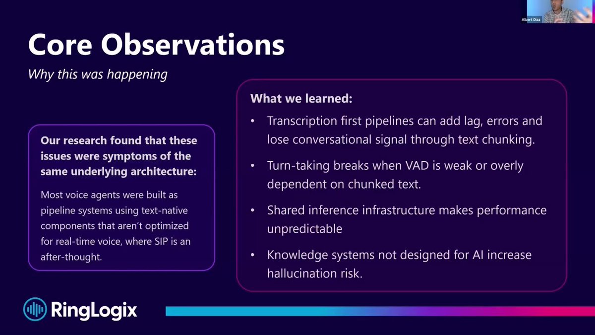ringlogix's tweet photo. Most #VoiceAI platforms today rely on: Audio → Transcription → Model → Text-to-Speech. That pipeline was never built for real-time voice.
🎥 Watch Albert explain pipeline architecture problems:
https://t.co/YX7eJK4UVN
#UCaaS #MSP #NetSapiens #FlowbotAI #AIArchitecture https://t.co/4R1ojMXOxx