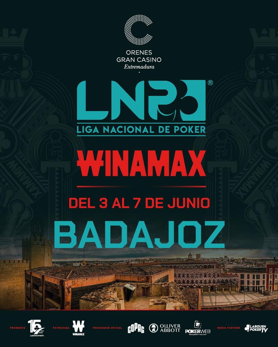 CNP_POKER's tweet photo. ♣️🔥 Primer evento de junio: Badajoz.

🗓 3–7 junio
📍 Gran Casino Orenes Extremadura @CasinoExtremadu 
Nueva parada de la Liga CNP Winamax. ♣️

@Winamax_Espana @LAROUSH_Events https://t.co/HiaPX0e1CF