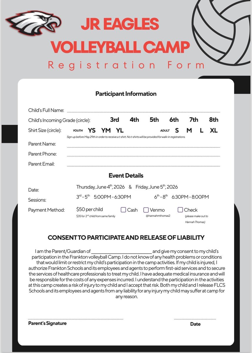 FHSEagle_VB's tweet photo. Have little ones that you want to introduce to a new sport? Register them for our JR Eagles vball camp at the high school!

As part of the registration cost, your child will get 2 days of training with a t-shirt(must register by 5/29) &amp; surprise gift at the end of the camp! https://t.co/BmAQEMBm5K