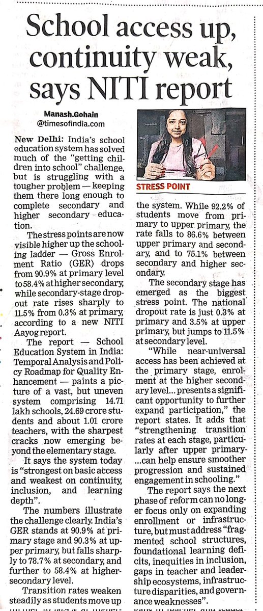 India has largely solved the challenge of getting children into schools. The bigger challenge now is keeping them there through secondary and higher secondary education.

Access alone is not enough; continuity, learning outcomes and support systems matter equally.

<a href="/NITIAayog/">NITI Aayog</a>
