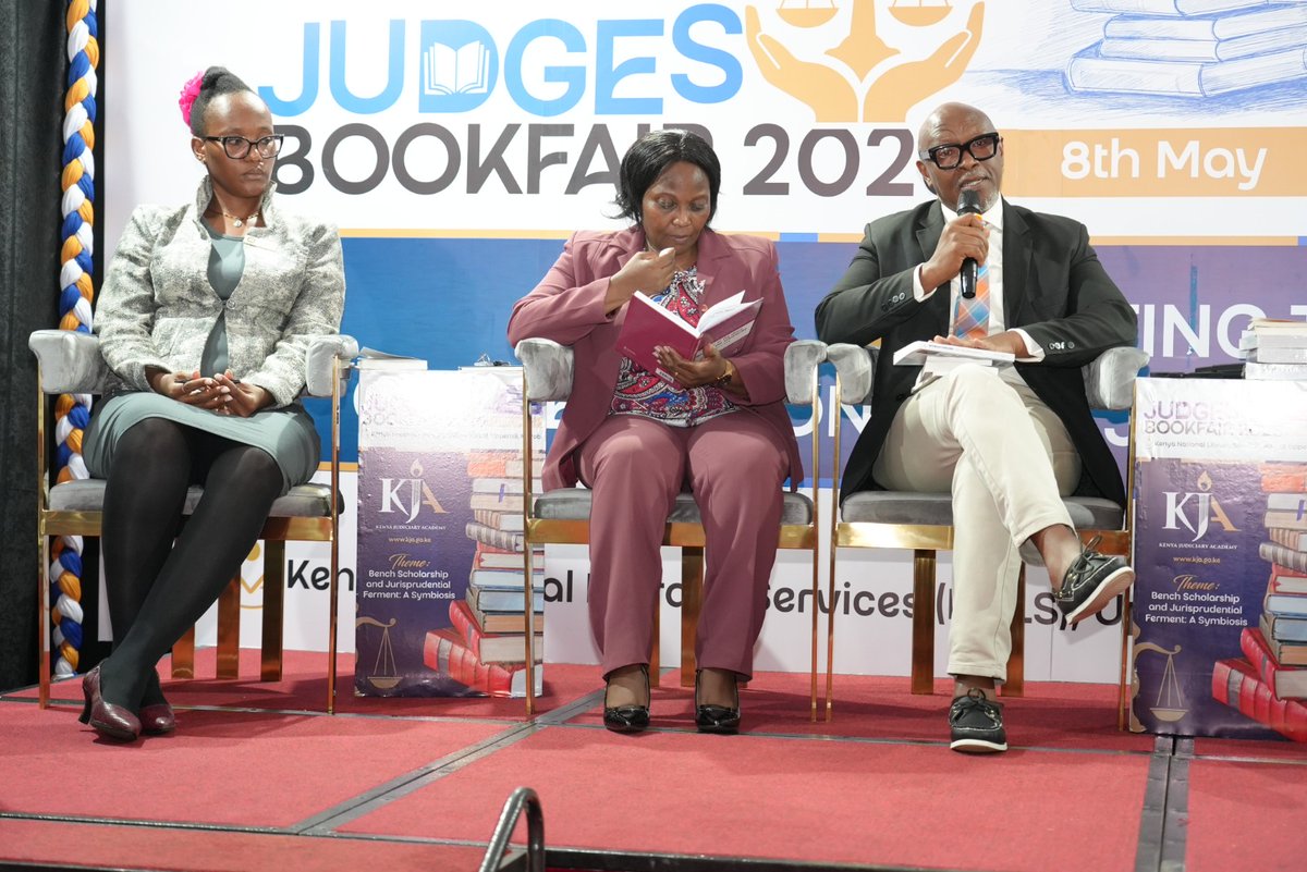 KJA_Kenya's tweet photo. From L-R: Hon. Praxedes Aduke, Hon. ( Dr.) Alice Macharia, Justices John Chigiti,  Kibaaya Laibuta, Patrick Kiage, George Odunga, and Ms. Priscilla Njoroge, leading discussions on their publications at the Judges' Book Fair.

@Kenyajudiciary @jsckenya @KMJA_KENYA @lawsocietykenya 

#Judgesbookfair2026