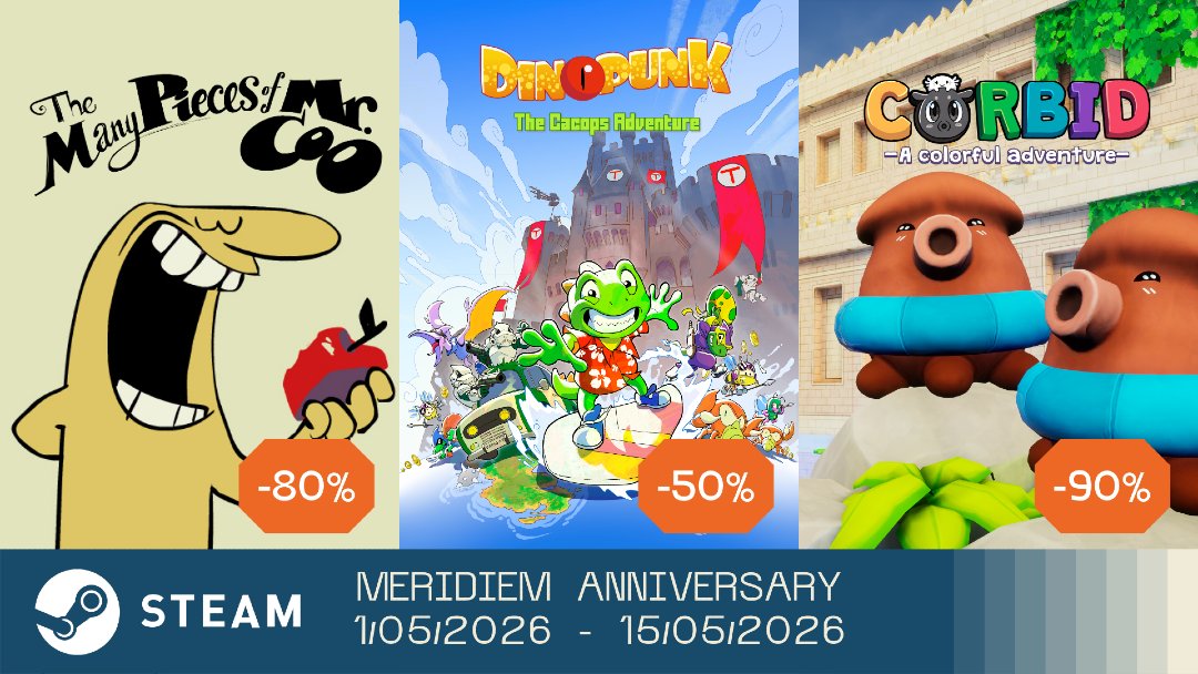 MeridiemGames's tweet photo. 🏷️¡Ya están aquí los descuentos por el aniversario de Meridiem en #Steam!

No pierdas la oportunidad de conseguir estos títulos a precios increíbles

💛The Many Pieces of Mr. Coo
🦖Dinopunk: The Cacops Adventure
🌈Corbid
🔵Neon Blood
🐵The Crown of Wu
⚔️The Bearer & The Last Flame

Disponibles hasta el 15 de mayo

ℹ️https://t.co/asBf50eUm4