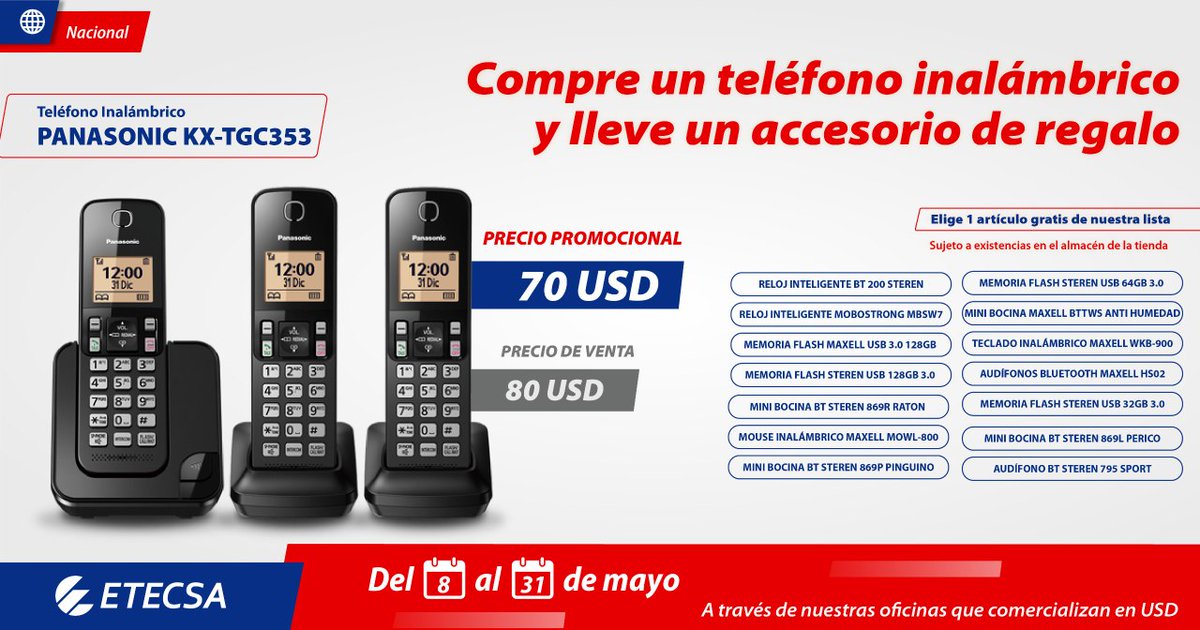 pccomplex87's tweet photo. 📢 Hasta el 31 de mayo compra un teléfono inalámbrico Panasonic en nuestras oficinas comerciales (que operan en USD) y llévate un artículo especial.                                                 🎁Disfruta de un combo exclusivo que solo tenemos para ti.
#EtecsaConCuba https://t.co/LW3aawVzkW