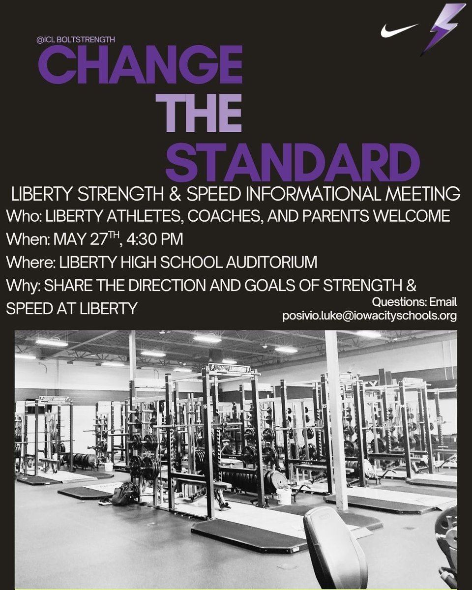 ICLBoltStrength's tweet photo. WE. NEED. YOU. 

⚡️ Liberty High School Strength &amp; Speed Informational Meeting ⚡️

Join us on May 27th at 4:30 PM to learn about our Strength &amp; Speed program and what’s ahead for Liberty Lightning athletes. #BuiltLikeABolt #cultureshift #gobolts https://t.co/KRVwufScM0
