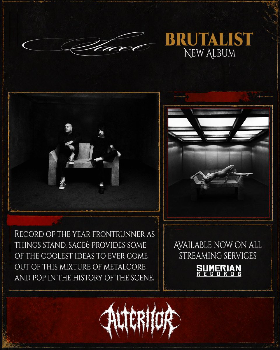 alteriior's tweet photo. sace6’s name is fully on the scene map with debut album brutalist, a resounding success that can shape concepts and sounds in this realm for years to come. 

@sacesixx @SumerianRecords https://t.co/UHF1qSbpEe