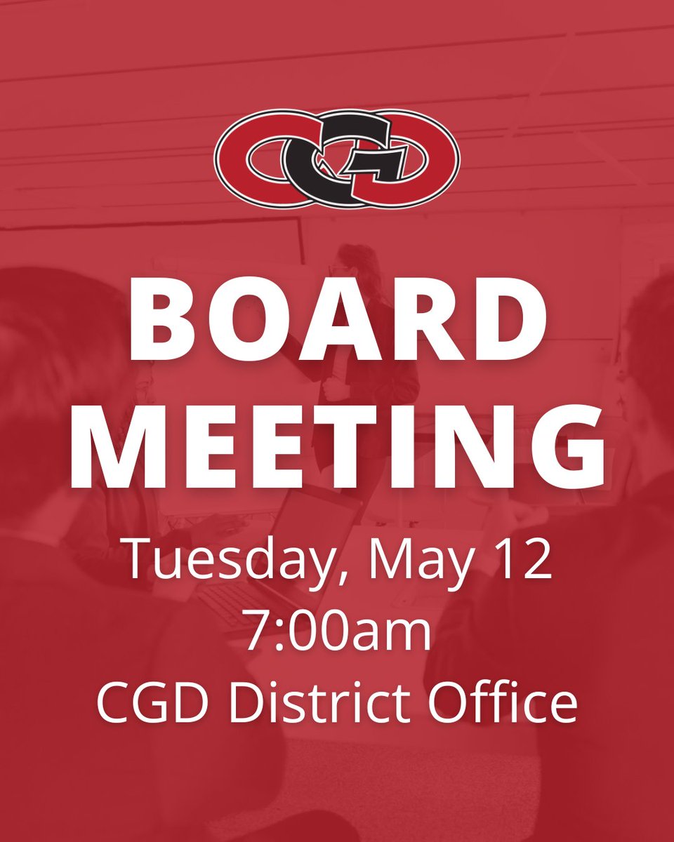 CGDSupt's tweet photo. La próxima reunión de la Junta Directiva de CGD se llevará a cabo el martes 12 de mayo a las 7:00 a.m. en la Oficina del Distrito de CGD. Esta reunión está abierta al público. https://t.co/NmyW2WGftB