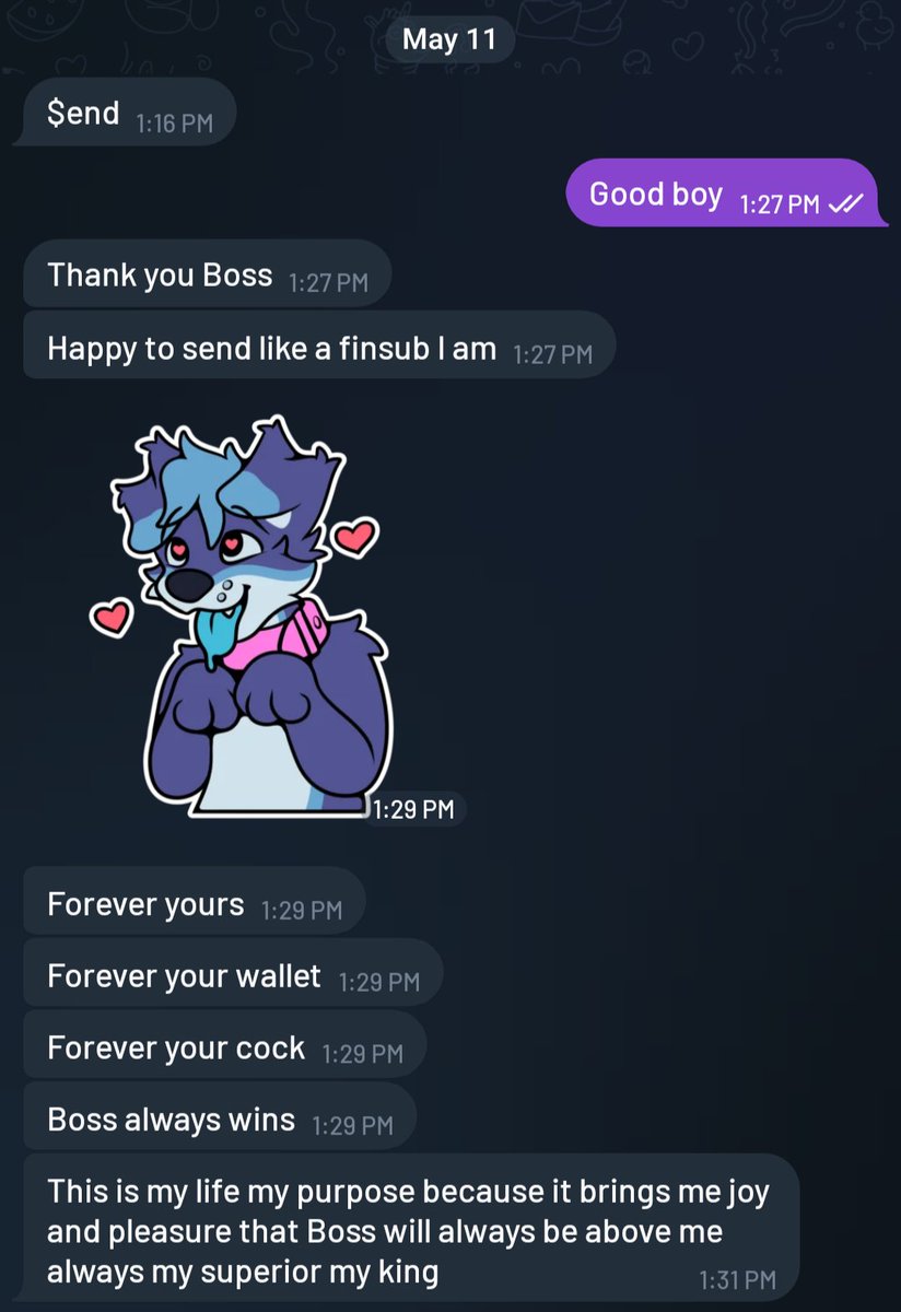 KinkyKaiden's tweet photo. Showing off one of my most dedicated boys. He got cash app in November and has dedicated himself to being mine since then.

 He started doing daily sends of $5 per our agreement, then up'd it himself recently. 

This boy has given me his sona as my cock, his wallet as my atm, and his life as my slave.

I don't expect every sub to serve the exact way he has and will continue to. But, I do expect this level of dedication for those that want to get closest. There are many ways to serve after all.

Furryfindon 2DFD