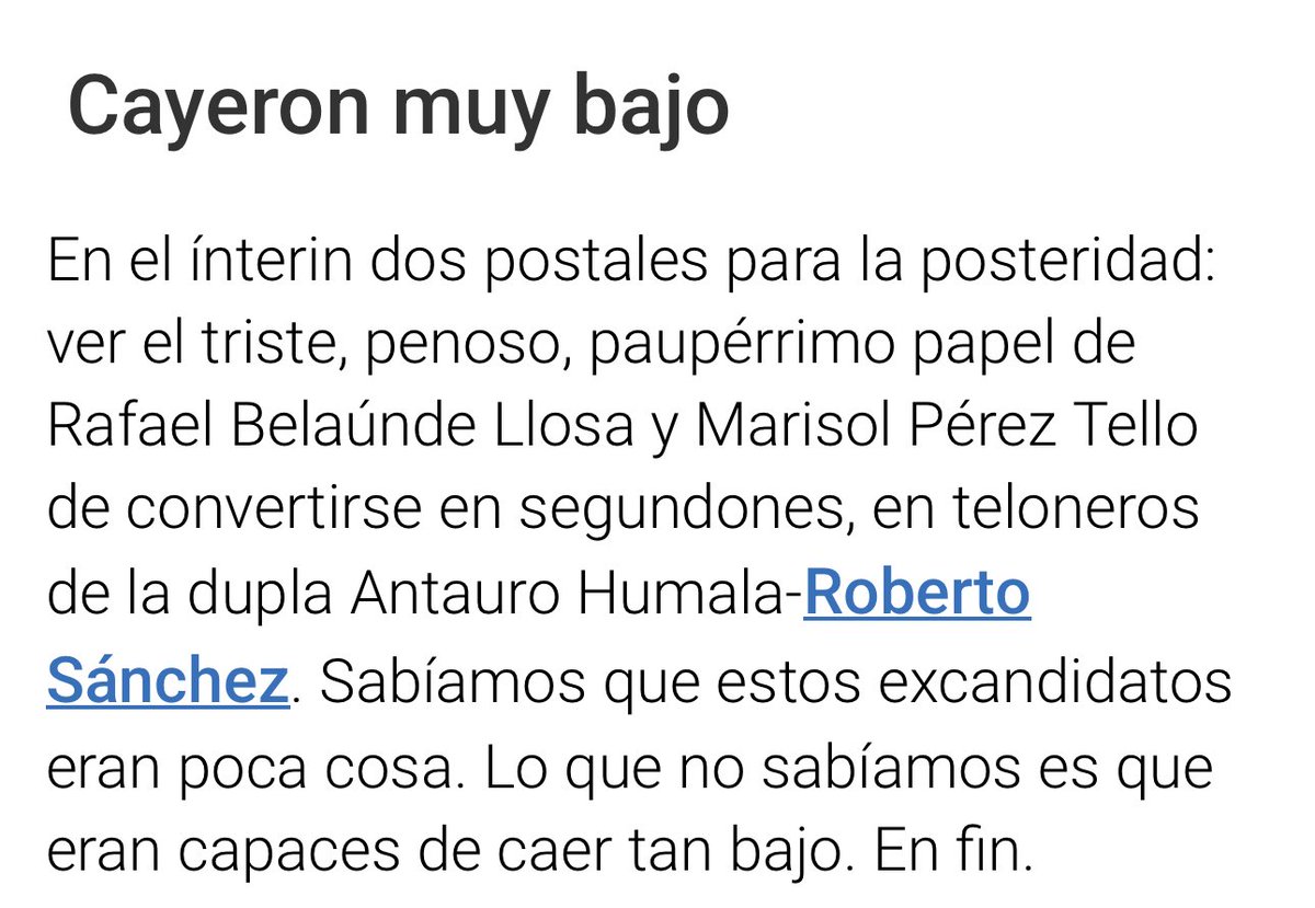 #POLIDATOS,ese Sketch cómico involuntario,con más patinadas que moto de carrera, sostienen que apoyo a Roberto Sánchez.Jamás votaría por Sánchez y Juntos Por el Perú,no creo en el socialismo ni el colectivismo. Pero tampoco en el mercantilismo.
Veré que propone Keiko para decidir