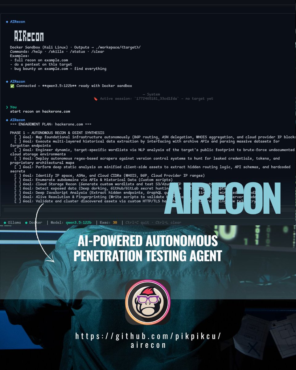 EsGeeks's tweet photo. 🧠🔓🛡️ AIRecon: agente autónomo de pentesting 100% local con Ollama + Kali + Caido.

Sin APIs, sin nube, ~1.09M registros de conocimiento offline.

RECON → EXPLOIT → REPORT en un solo agente.

Solo para labs y entornos autorizados.

#pentesting #aiagents #ollama #redteam #ciberseguridad
