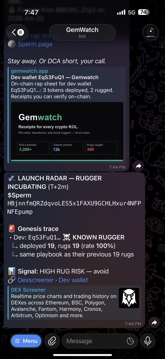GemWatch1's tweet photo. 🛰 LAUNCH RADAR — RUGGER INCUBATING (T+2m)
$Sperm  HBjnnfmQRZdqvoLES5x1FAXU9GCHLHxur4NFPNFEpump

🚨 Genesis trace
 • Dev: EqS3FuQ1… ☠ KNOWN RUGGER
   ↳ deployed 19, rugs 19 (rate 100%)
   ↳ same playbook as their previous 19 rugs

📊 Signal: HIGH RUG RISK — avoid
🔗 Dexscreener · Dev wallet