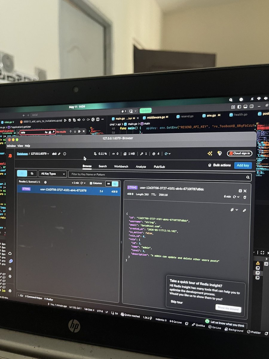 dannyclassi_c's tweet photo. Added Redis caching to my Go API today and the numbers speak for themselves.

First request (DB): ~5.15ms
Second request (cache): ~845μs

6x faster and that's on localhost. In production with network latency to Postgres, the gap gets wild.

Also implemented role-based access control with level precedence. Admins (level 3) can do what moderators (level 2) can do, but not the other way around. Ownership check runs first and if it's your post, role doesn't matter.

Using go-redis/v9, Argon2 for password hashing, and JSON serialization for the cache layer. 3-day TTL so stale user data doesn't hang around forever.

The course used Redis CLI. I downloaded Redis Insight instead. Being able to see your cached keys, TTLs, and values in a GUI while testing hits different.