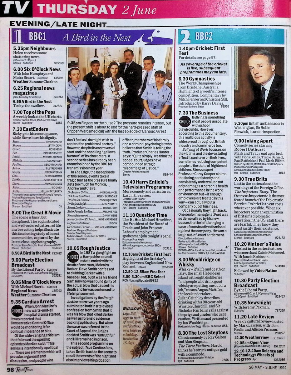 TvDidYouSee's tweet photo. #OnThisDay 2 June 1994 📺TV Listings
A D-Day special of #BluePeter.
Events take a tragic turn in CARDIAC ARREST.
A hostage situation in #Emmerdale.
#Corrie's Kenneth Farrington pops up in #TheBill.
More from Jack Rosenthal's MOVING STORY, starring #WarrenClarke. https://t.co/2CkeYKrSUp