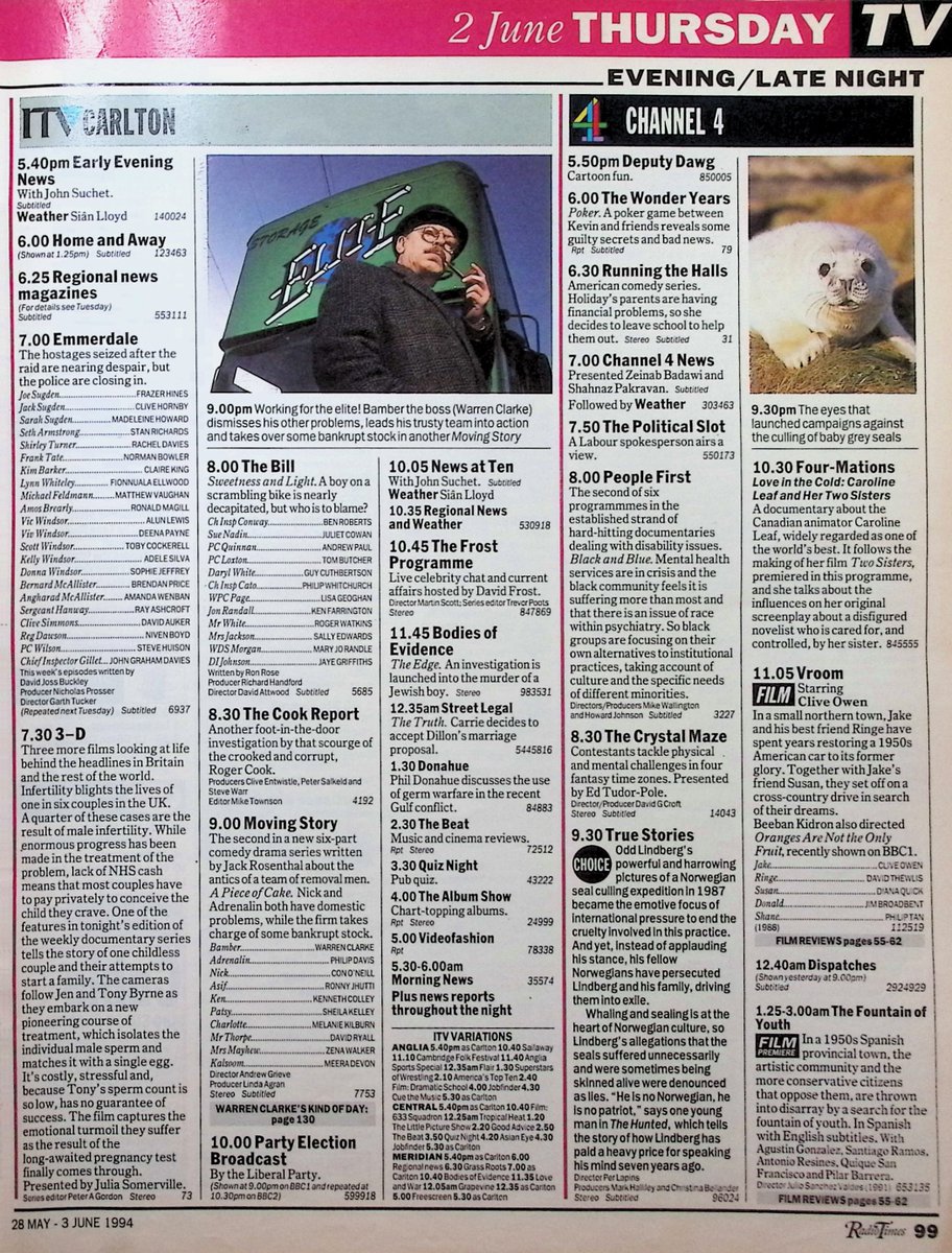 TvDidYouSee's tweet photo. #OnThisDay 2 June 1994 📺TV Listings
A D-Day special of #BluePeter.
Events take a tragic turn in CARDIAC ARREST.
A hostage situation in #Emmerdale.
#Corrie's Kenneth Farrington pops up in #TheBill.
More from Jack Rosenthal's MOVING STORY, starring #WarrenClarke. https://t.co/2CkeYKrSUp