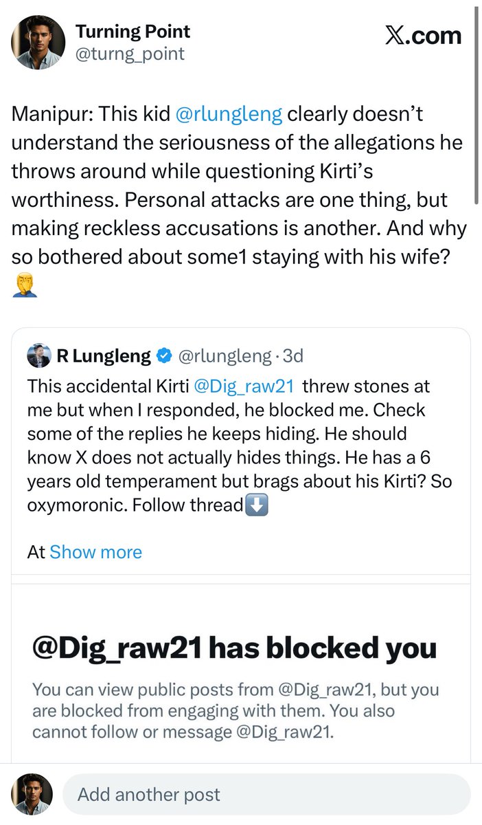 turng_point's tweet photo. Manipur: Shamelessly throwing Tantrums and crying like a five-yr old mean child when someone blocks him out of sheer nuisance &amp; stupidity over his unfounded allegations. Now he’s guarding &amp; blocking every handle just to hide the absurdity of his own nonsense. Coward @rlungleng https://t.co/nlglSWPknU