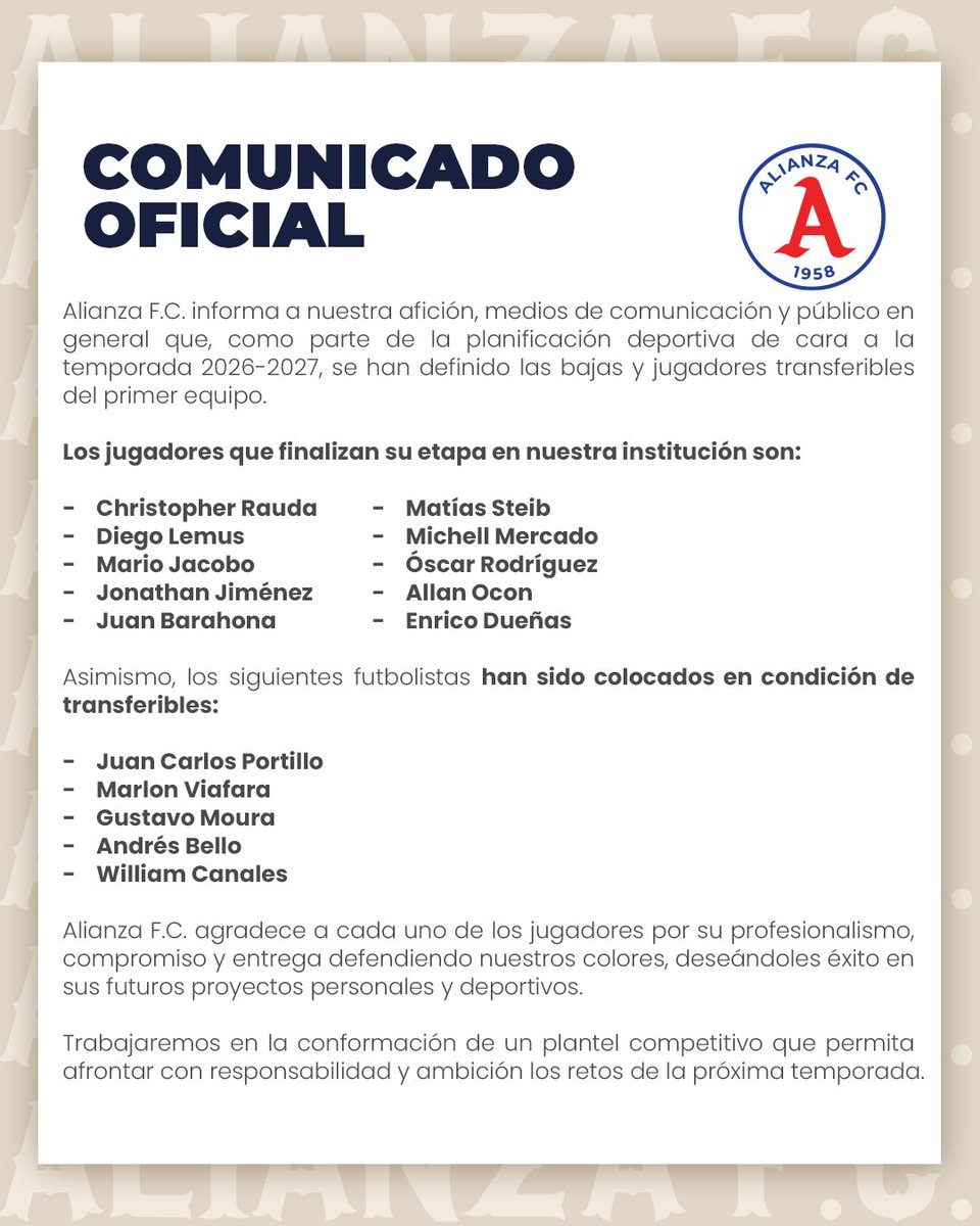 🅰️| Comunicado Oficial: Bajas y transferibles.

#AlianzaFC