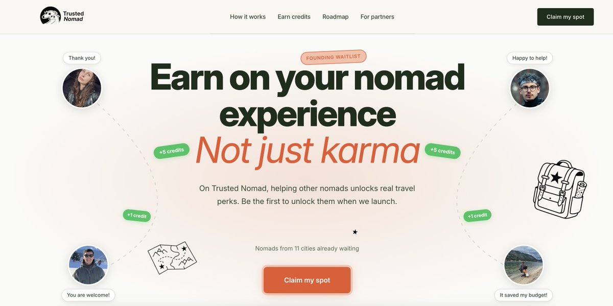 callsense's tweet photo. I’ve built my product: https://t.co/MwD50YbXZL
For over 10 years in marketing working with the startups and founders. More than 5 years as a nomad. More than 10 countries and yet the same problem. Knowledge.

When you move, you start from scratch. Search is scattered, search is paid. You lose thousands on your trips. That landlord? I wish I knew. That discount? I wish I discovered earlier. That local cafe? Damn, they had the best ramen.

Reddit gives you karma. Facebook, Telegram communities leave you on read. AI search? Branded.

Knowledge lives in people. Trusted Nomad fixes it. Ask questions, get answers. Earn credits. Turn credits into travel perks from partners: co-living discounts, a night in a five star hotel in Paris, banking cashbacks, free breakfasts in a local cafe. The list goes on.

Join the waitlist now and unlock travel perks already in beta. After the waitlist closes, you receive a private invitation to Discord where you can track the building of the platform, and enjoy the first travel perks already in beta.

For nomads: your knowledge is monetised and unlocks unique experiences.

For partners: you stop wasting budget on acquiring right users, you get them directly via Trusted Nomad.

Make “aha” moment profitable.