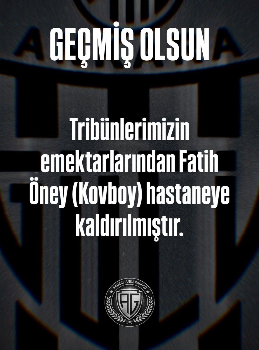 OnlyAnkaragucu's tweet photo. Tribünlerimizin efsanelerinden ve emektarlarından Fatih Öney (Kovboy) abimiz hastaneye kaldırılmıştır. 

Geçmiş olsun dileklerimizi iletir ve bir an önce eski sağlığına kavuşmasını temenni ediyoruz. Allahtan acil şifalar diliyoruz.

Sadece #ankaragücü https://t.co/FXu7NW52cF