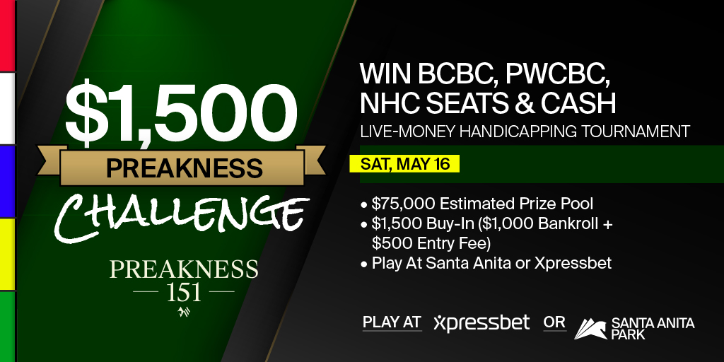 Quigleys_Corner's tweet photo. One-day $1,500 live money #PreaknessDay tournament this Saturday (5/16), playable on-track @santaanitapark or online nationwide @Xpressbet. Keep what you win, plus #NHC, #BCBC & #PWC tournament seats awarded! Details: https://t.co/OjvnOntYRL https://t.co/nipWTlnhef