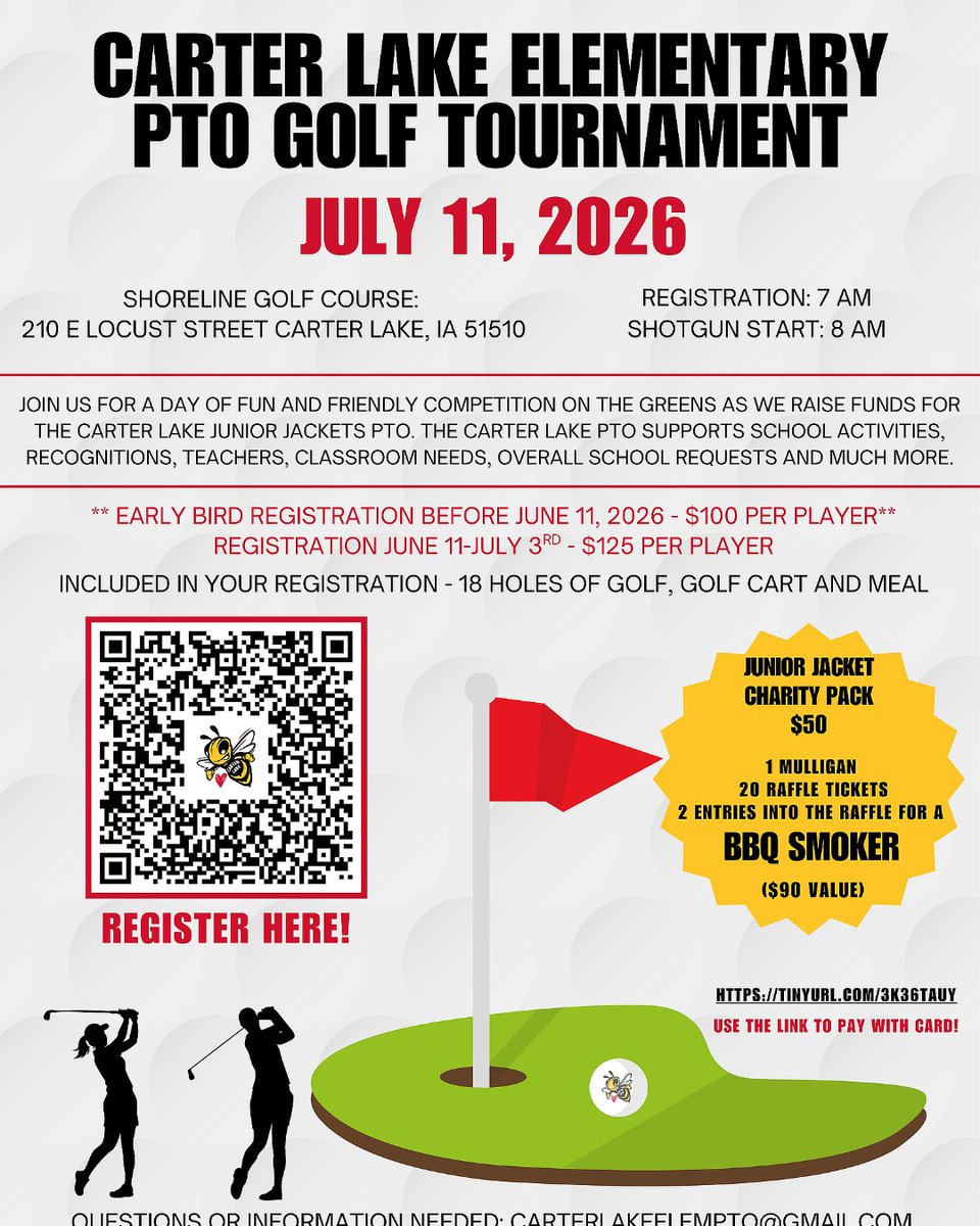 CLMightyJackets's tweet photo. ⛳🐝 SAVE THE DATE Carter Lake Elementary PTO Golf Tournament 🐝⛳
Join us for a day of fun on the greens while supporting our amazing Carter Lake Elementary students!
📅 July 11, 2026
📍 Shoreline Golf Course – Carter Lake, IA
📲 Scan the QR code in the image to register! https://t.co/svoKYMQceW