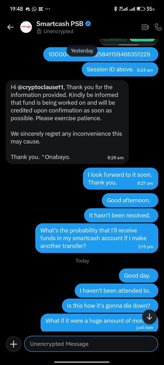 cryptoclause11's tweet photo. Since Saturday, few minutes before 12AM, I sent money to my smartcash account. No credited funds. I reached out to them here on X, they said they'd work on it via the details I sent to them. It's been more than 24 hours. @smartcashpsb what do you have to say? https://t.co/YyoHUgdtGq