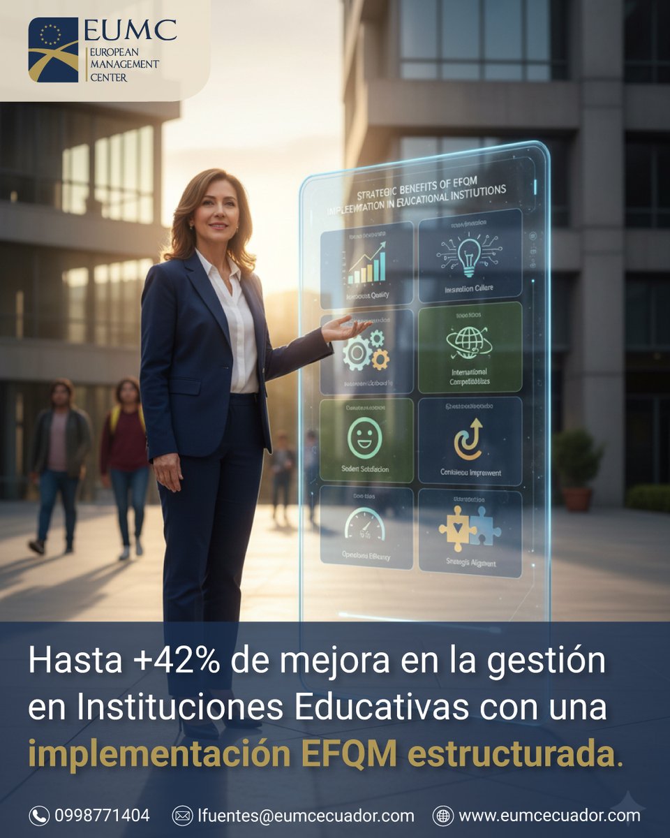 eumcecuador's tweet photo. La implementación del Modelo @EFQM puede mejorar hasta un 42% la gestión institucional y evitar decisiones basadas en intuición. 

EUMC Ecuador te ayuda a ordenar procesos, alinear estrategia y fortalecer tu institución. Escríbenos: https://t.co/T0FSr069Fl | 0998771404 https://t.co/P3BefhjTcW