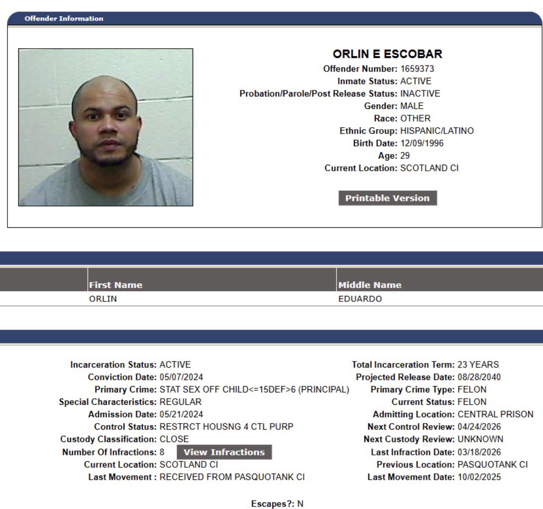BrendenJonesNC's tweet photo. Meet Orlin Escobar, a man released early by Roy Cooper after being convicted of 2nd-degree kidnapping and assaulting a pregnant woman. After Escobar’s release, he was convicted of raping a 5 year-old girl.

Escobar was supposedly released through Cooper’s ELC program, which was supposed to apply only to nonviolent offenders. Either Roy Cooper’s administration made a serious mistake, or they did not consider kidnapping or assault a violent crime. #ncpol