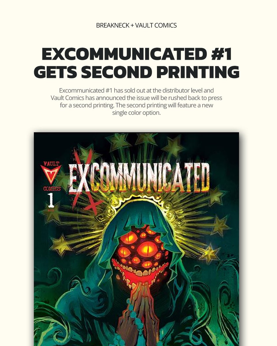 thevaultcomics's tweet photo. Excommunicated #1 has sold out at the distributor level and Vault Comics has announced the issue will be rushed back to press for a second printing. The second printing will feature a new single color option.
#VaultComics #breakneckcomics #JeremyRobinson #ExcommunicatedComic https://t.co/wG4bjtsUh5