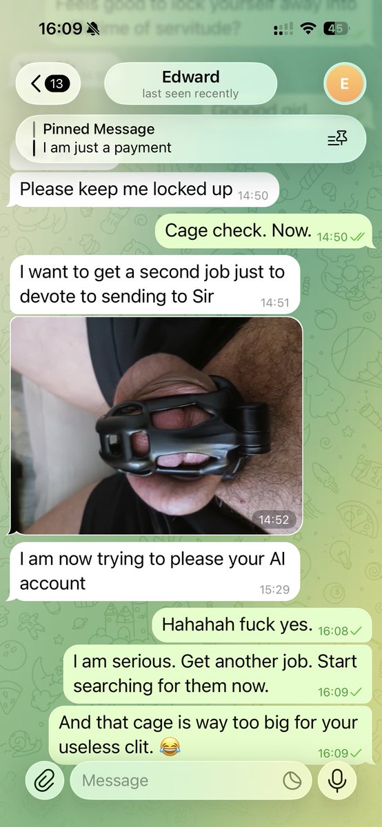 ApexUtiliser's tweet photo. Hahaha, good wallet Edward locked himself into a Debt Contract earlier this year.
$100 every month + 50% FgTax.
Now the pathetic faggot will slave away at work just to keep pumping my Engine while his useless clit stays locked and denied.
Perfect little drone.
Who’s signing next? https://t.co/0mdhTuP69C
