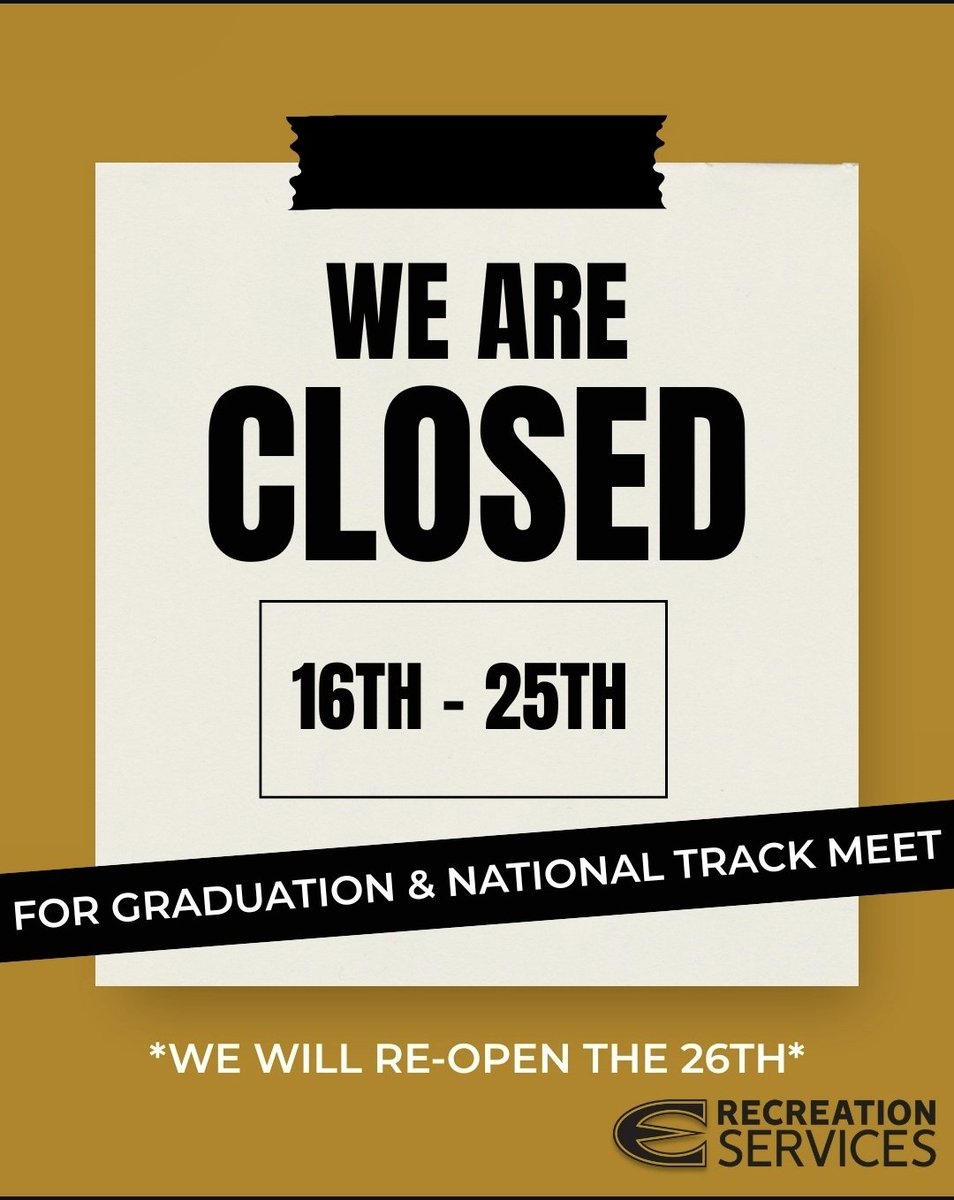 ESUrecreation's tweet photo. The SRC is taking a quick timeout ⏸️

The facility will be closed for the next two weeks due to graduation events and the National Track Meet. We will reopen on May 26th with our summer hours!

Good luck to all graduates and athletes competing — see everyone back soon! 🎓🏃 https://t.co/ti0I5LL8RP