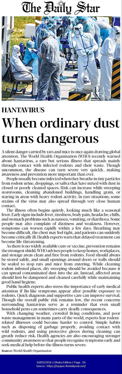 StarHealthBD's tweet photo. 10 May 2026
Hantavirus: When ordinary dust turns dangerous
https://t.co/CfNJLpUfL5 https://t.co/jVSOMpfxuV