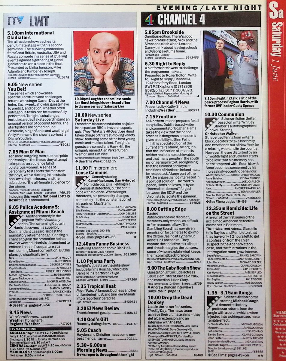 TvDidYouSee's tweet photo. #OnThisDay 1 June 1996 ๐บTV Listings
Shocking resolutions in THE NEW ADVENTURES OF SUPERMAN.
#BobMonkhouse hosts THE NATIONAL LOTTERY LIVE.
#DarrenDay begins hosting YOU BET!
Screen Two: BAD BOY BLUES stars #CliveOwen.
ITV's new SATURDAY LIVE has #LeeHurst and #HarryHill. https://t.co/mByizIZaia
