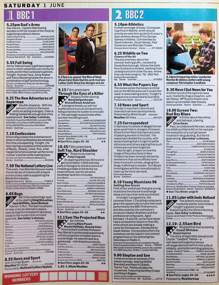 TvDidYouSee's tweet photo. #OnThisDay 1 June 1996 ๐บTV Listings
Shocking resolutions in THE NEW ADVENTURES OF SUPERMAN.
#BobMonkhouse hosts THE NATIONAL LOTTERY LIVE.
#DarrenDay begins hosting YOU BET!
Screen Two: BAD BOY BLUES stars #CliveOwen.
ITV's new SATURDAY LIVE has #LeeHurst and #HarryHill. https://t.co/mByizIZaia