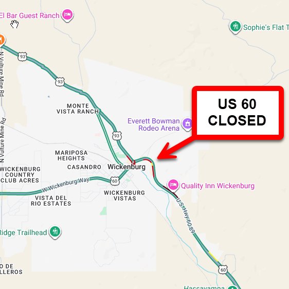ArizonaDOT's tweet photo. US 60 near Wickenburg: A brush fire has closed both directions of the highway at MP 111. There is no estimated reopening time. 

Check roads &amp; traffic at https://t.co/81gvrvwFw9 or download our app:
Apple: https://t.co/0mekn2XoYN  
Android: https://t.co/UaWJeK5tT4 https://t.co/PyzNSwGaUN
