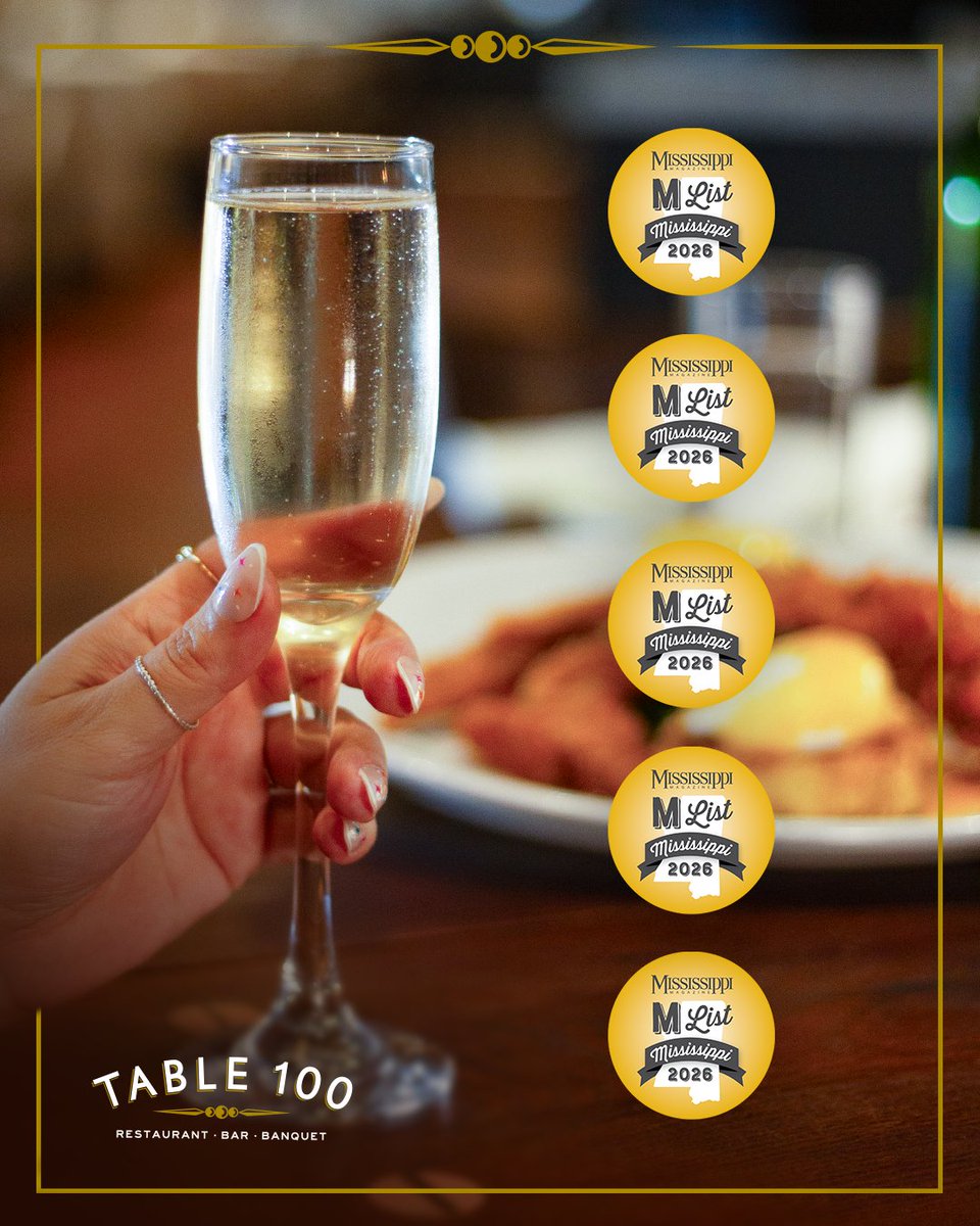 Table_100's tweet photo. Cheers to you, Mississippi!

Because of your votes, Table 100 is honored to be part of Mississippi Magazine’s 2026 M List in the Best of Mississippi Reader Poll for SIX categories:

Thank you for continuing to make us part of your celebrations, traditions, and everyday moments! https://t.co/DtqqwI8ejL