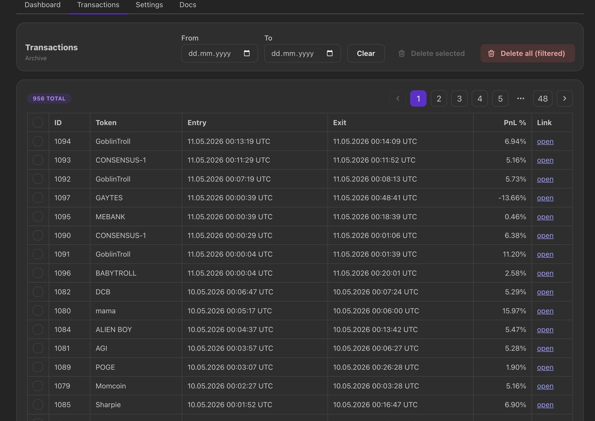 oleksandr_axDev's tweet photo. 🧠 Every trade matters.

The platform stores complete transaction history with: • token info • timestamps • PnL • trade status 

Perfect for automation, monitoring &amp; strategy optimization.

Demo: http://54.174.12.203

#TradingBot #SolanaTrading #Automation #Crypto https://t.co/Kof6X6albS