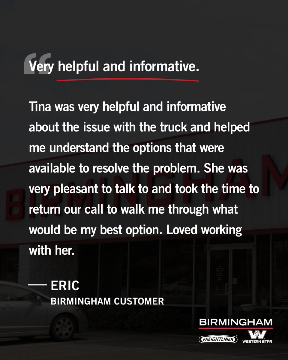 Bham_Freight's tweet photo. ⭐⭐⭐⭐⭐
 📍 Birmingham

Tina made the whole experience smooth and easy to navigate, taking the time to explain every option and follow up with care. That kind of communication makes all the difference.

#BirminghamFreightliner https://t.co/J6cJI06ba5