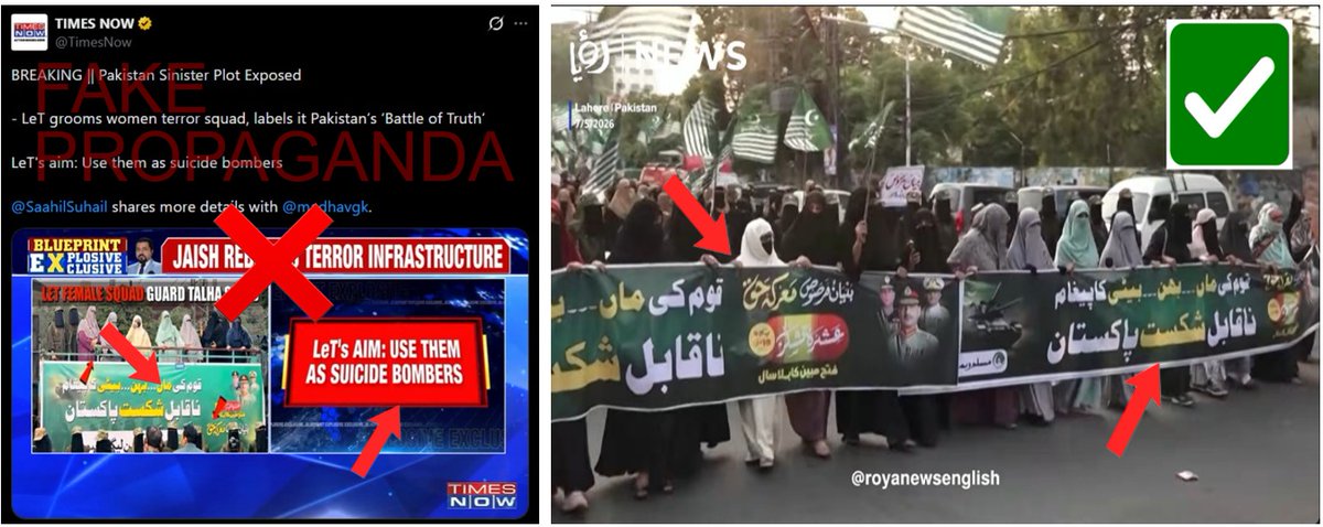 factcheckajk's tweet photo. AJ&K FACT CHECK

🟠 Claim:
Indian media claimed that a women’s wing allegedly linked to JeM and LeT, called “Jamat-ul-Mominat,” held rallies in Pakistan, portraying it as evidence of expanding LeT activities.

🔎 Content Type:
The claim relies on unverified allegations and selectively used video clips amplified by Indian media and propaganda accounts on social media.

✅ Reality:
▫️The clips are actually from Marqa-e-Haq rallies organized by the Pakistan Muslim Women League, the women’s wing of Pakistan Markazi Muslim League — a political party registered with the Election Commission of Pakistan that contested the 2024 general elections. The rallies were held in multiple cities, including Lahore, Faisalabad, and Kasur, and the footage was later misrepresented by Indian media to push propaganda narratives.

🔗 https://t.co/6kErNlxvct

📍 Conclusion:
The claim is baseless propaganda aimed at spreading misleading narratives to undermine Pakistan’s internationally acknowledged success in Operation Bunyan-um-Marsoos.