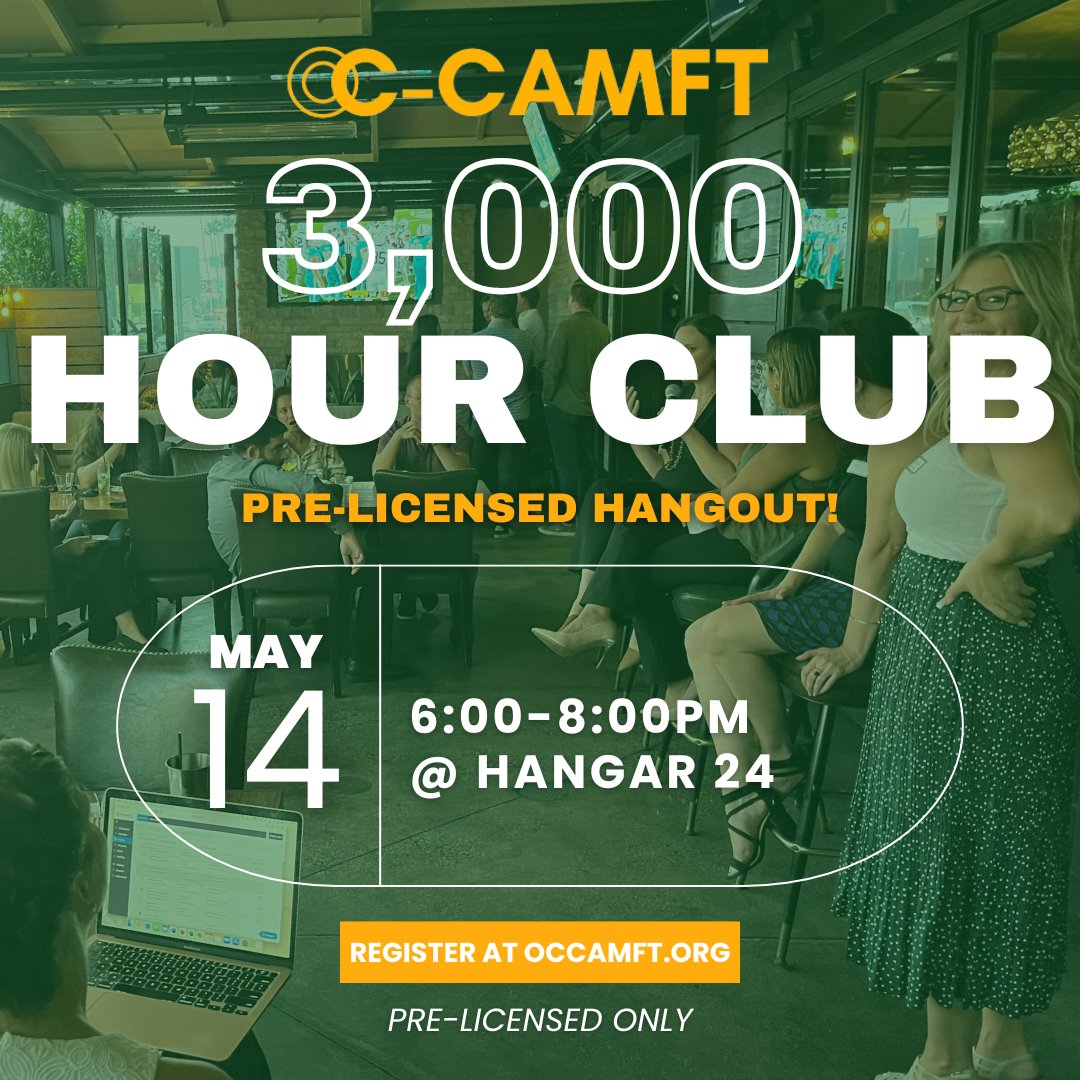 OCCAMFT's tweet photo. 🎉 March 3000 Hour Club Meeting 🎉
A Pre-Licensed Hangout at Hangar 24! 

Opportunity to come hang out with other pre-licensed professionals!

📅 Thurs, May 14 | 6–8 PM
📍 17877 Von Karman Ave, Unit 110, Irvine
👉 https://t.co/dC5N10wTN5

#OCCAMFT #3000hourclub #prelicensed #AMFT https://t.co/uKu4fDDq68