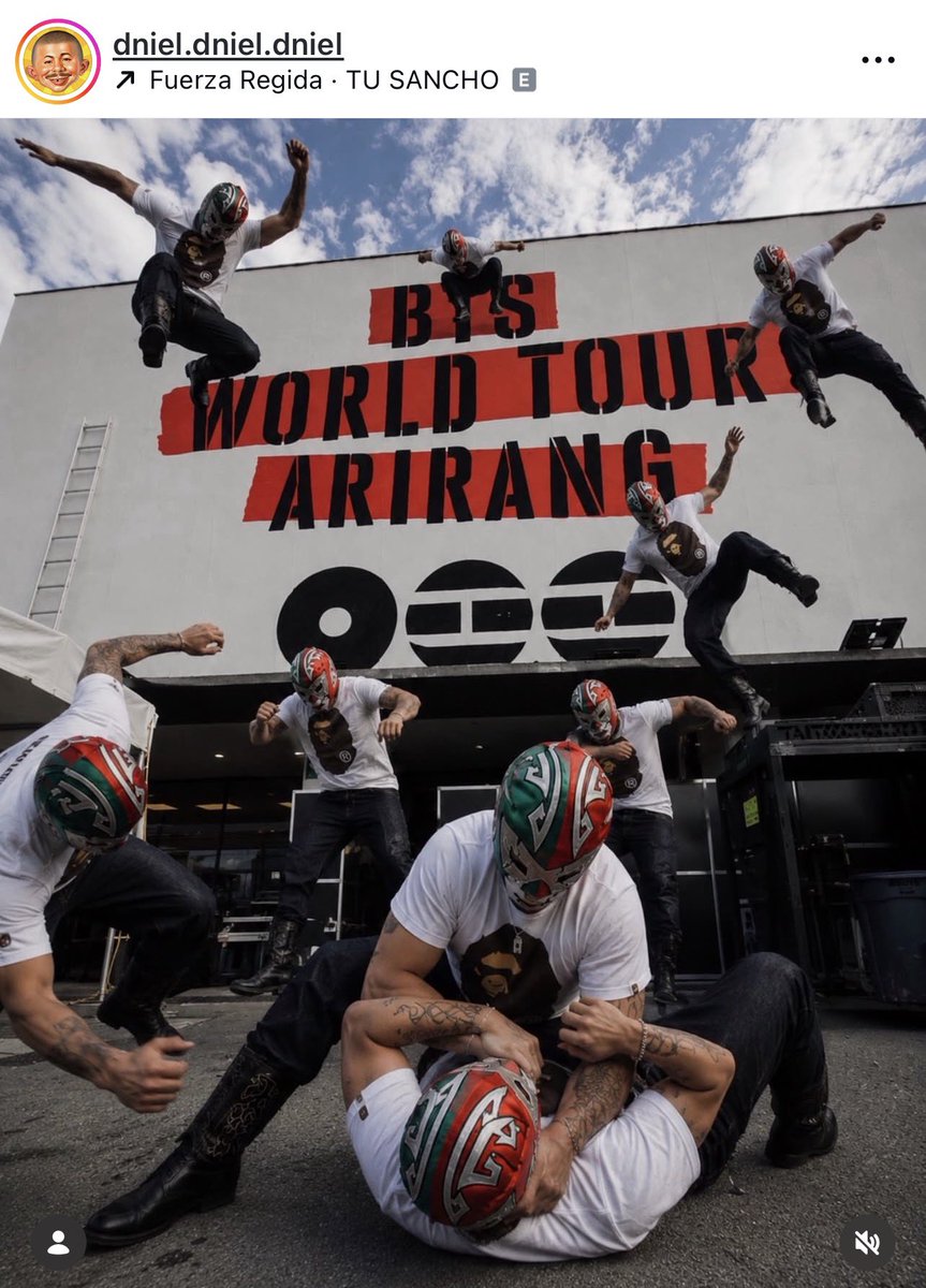TEAM ARIRANG’s creativity being ignited in Mexico, with all the Hooligan dance entries  with mascara on and now even this awesome lucha masks into styling.  Rodeo used Tu Sancho music as well, the one j-hope used for his TikTok! So cool!  😍❤️‍🔥