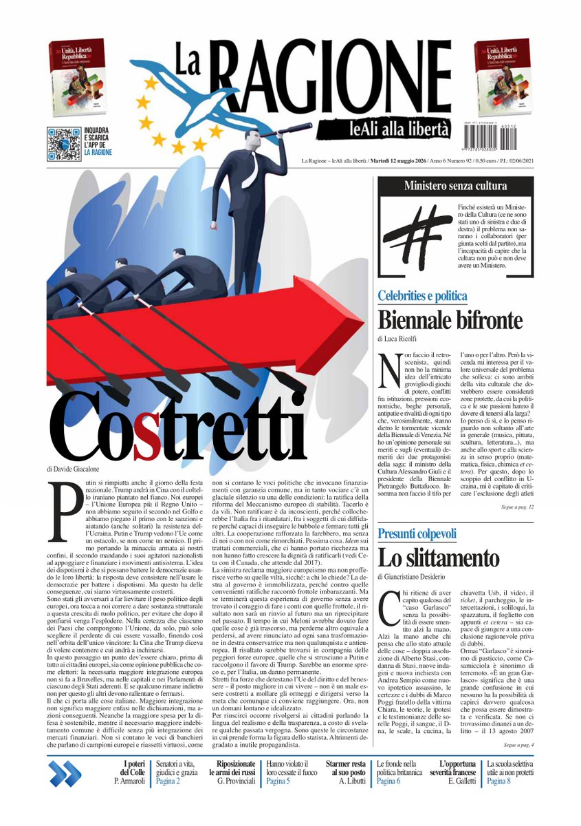LaRagione_eu's tweet photo. Su #LaRagione di oggi, martedì #12maggio: #Putin si rimpiatta nel #giorno della #festanazionale; #Ministero senza #cultura; #Biennale di #Venezia e le #vicende tormentate; #Garlasco, sinonimo di #pasticcio.
#laprima https://t.co/nd2ydV4LVd