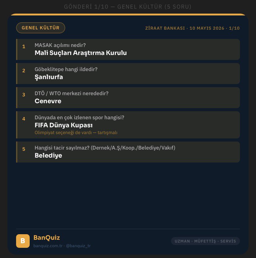 BanQuiz_tr's tweet photo. 🔥 Ziraat Bankası 10 Mayıs 2026 sınavına giren binlerce kişinin hatırladıklarını derledik.

58 soru · 12 kart · hiçbir şey atlanmadı.

Genel Kültür'den Muhasebe'ye, İktisat'tan İngilizce'ye — sınavda ne çıktıysa bu seride var.

Sınava hazırlanıyorsan kaydet 📌
Az önce girdiysen karşılaştır 👇
Sonraki sınava bakıyorsan referans al 🎯

➡️ Tüm banka sınavı soruları için: 
https://t.co/KKDTY7KMvD

#ZiraatBankası #BankaSınavı #UzmanYardımcılığı #MüfettişYardımcılığı #ServisGörevlisi #BanQuiz #KamuKariyeri #BankacılıkSınavı #SınavSoruları #2026Sınavı